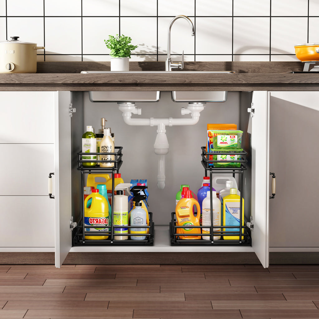 Shopi Vella sliding drawer storage rack for kitchen installed under sink holding cleaning supplies