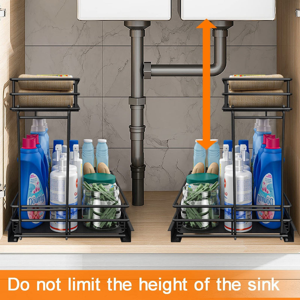 Shopi Vella sliding drawer storage rack for kitchen installed under sink holding cleaning supplies and towels
