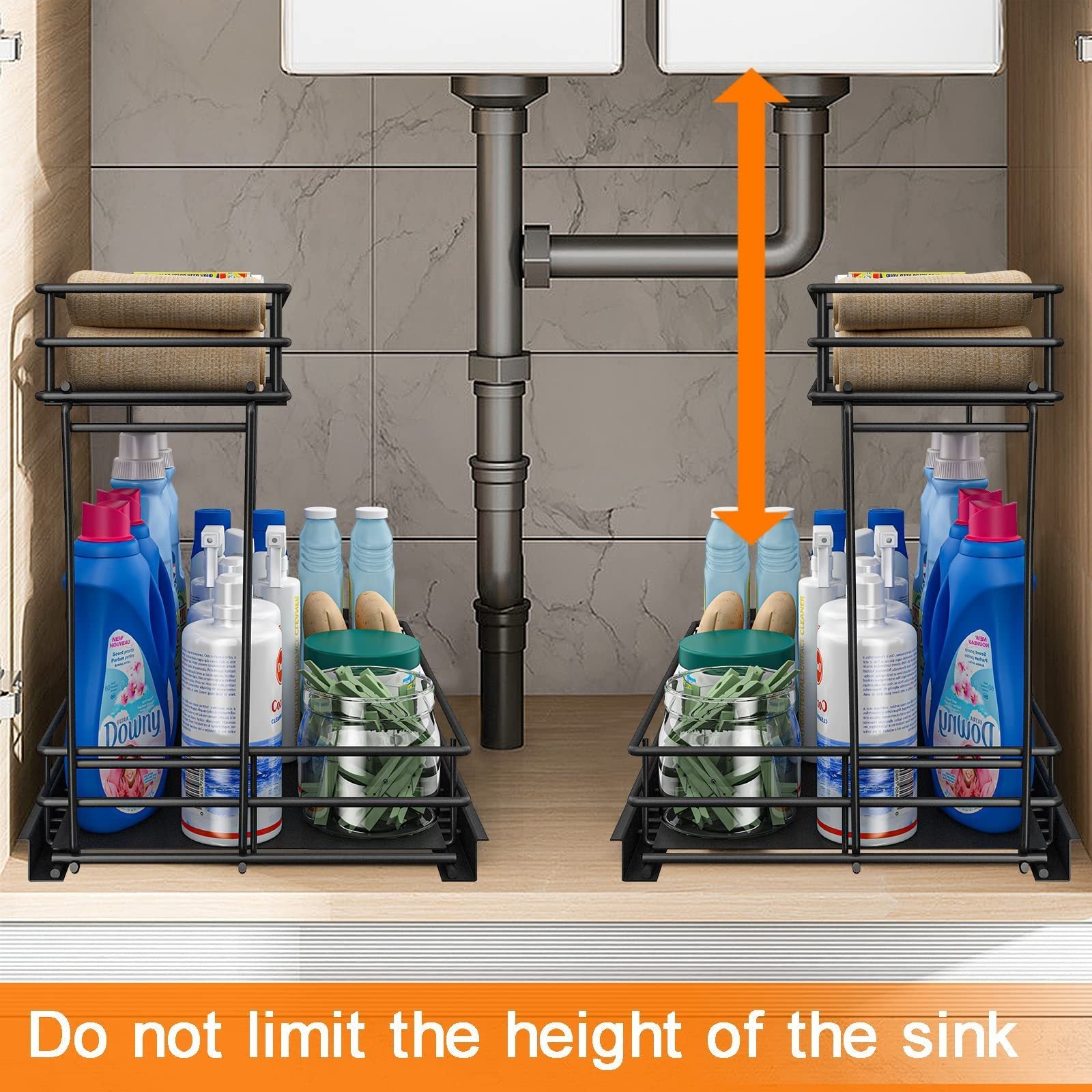 Shopi Vella sliding drawer storage rack for kitchen installed under sink holding cleaning supplies and towels