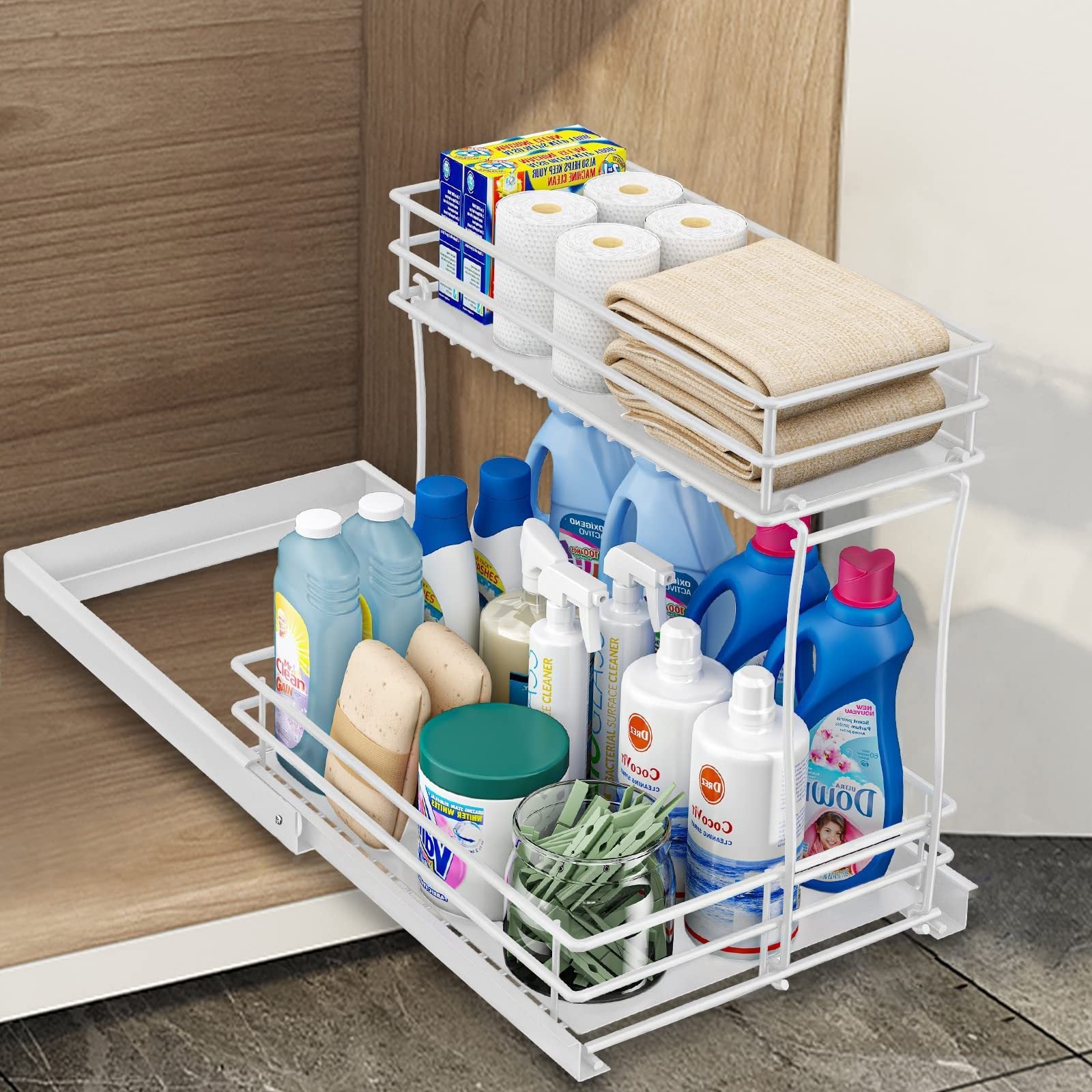 Shopi Vella sliding drawer storage rack for kitchen organizing cleaning supplies and towels