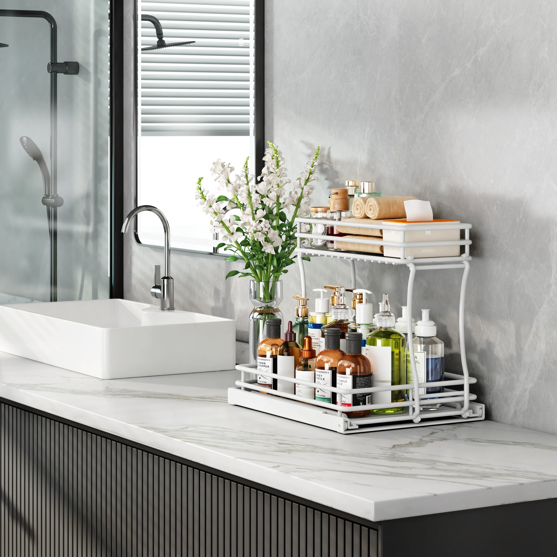Shopi Vella sliding drawer storage rack for kitchen holding bathroom bottles and towels on marble countertop