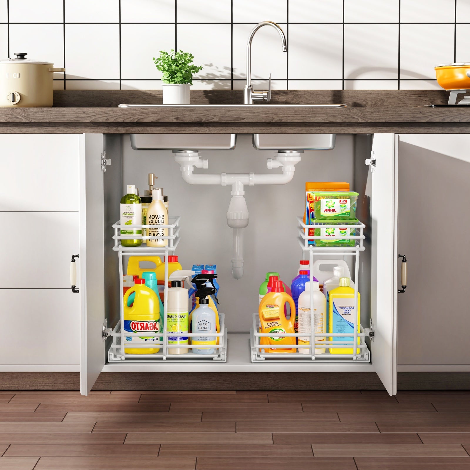 Shopi Vella sliding drawer storage rack for kitchen installed under sink organizing cleaning supplies