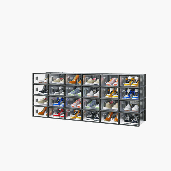 Shopi Vella small shoebox organizer for closet with transparent doors holding various shoes