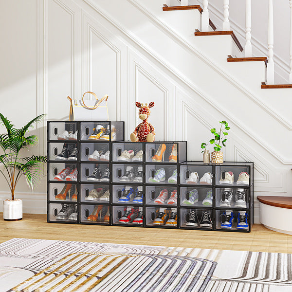 Shopi Vella small shoebox organizer for closet with transparent front and black frame storing various shoes