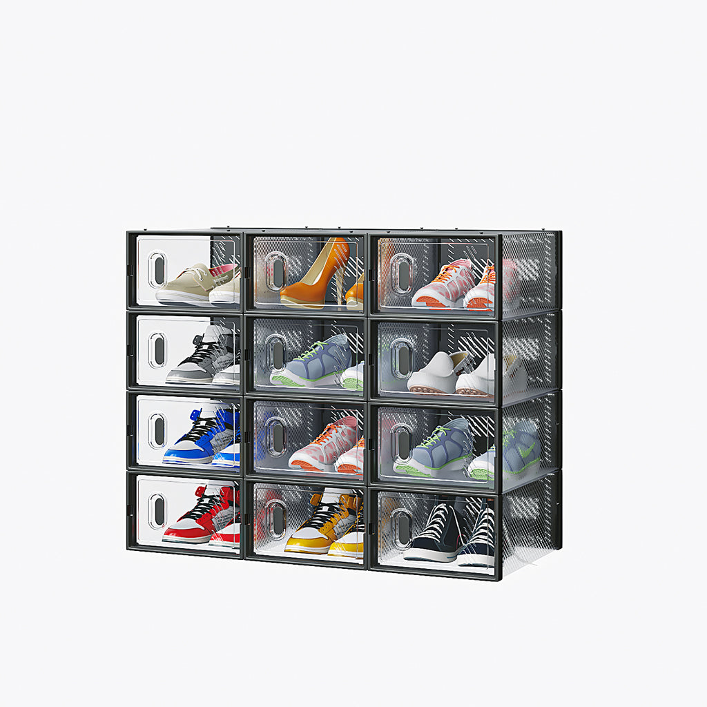 Shopi Vella small stackable shoebox organizer holding various colorful sneakers in clear modular storage boxes