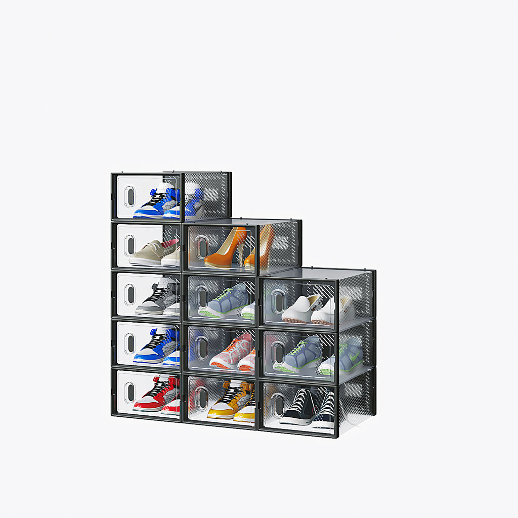 Shopi Vella small stackable shoebox organizer holding various pairs of sneakers and shoes