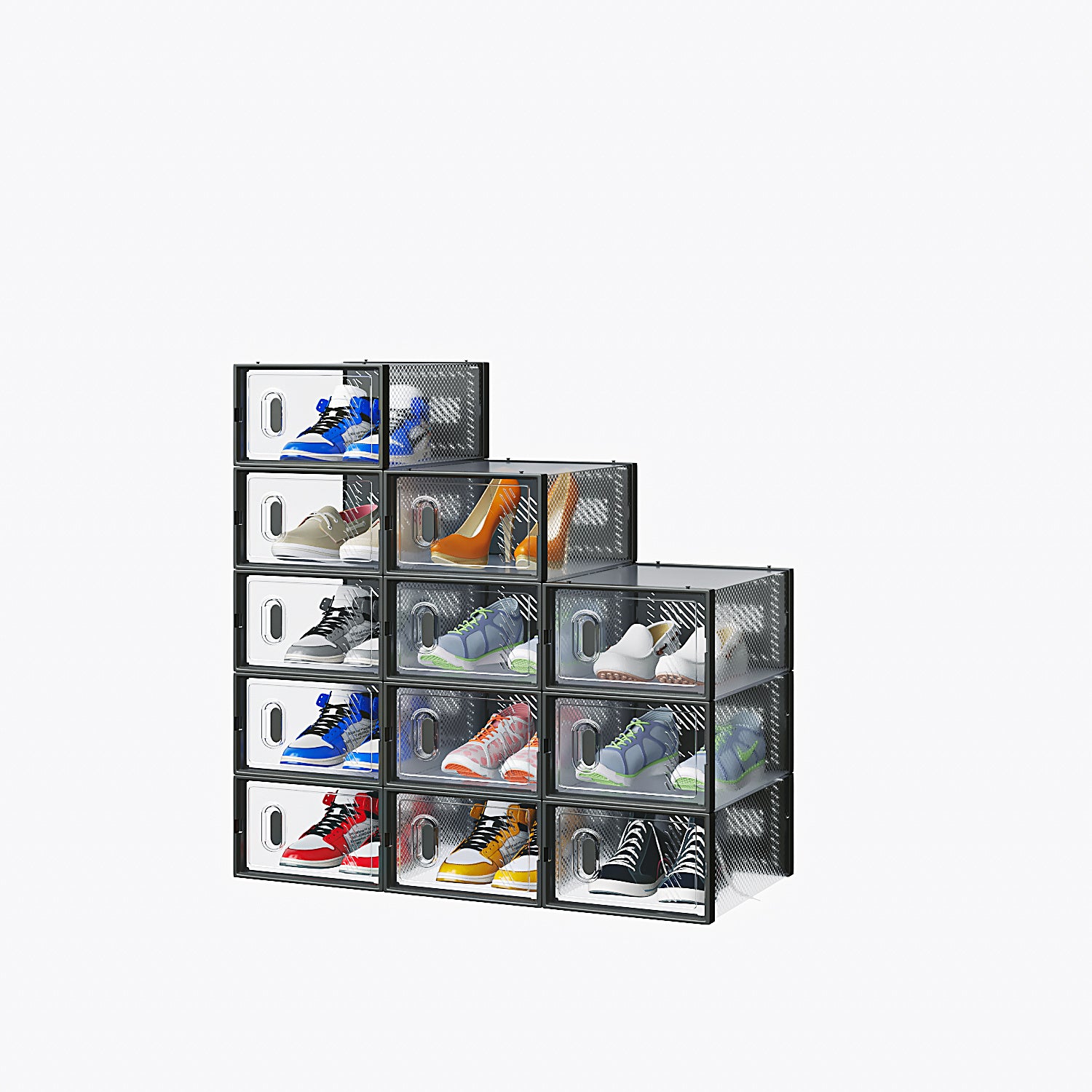 Shopi Vella small stackable shoebox organizer holding various pairs of sneakers and shoes