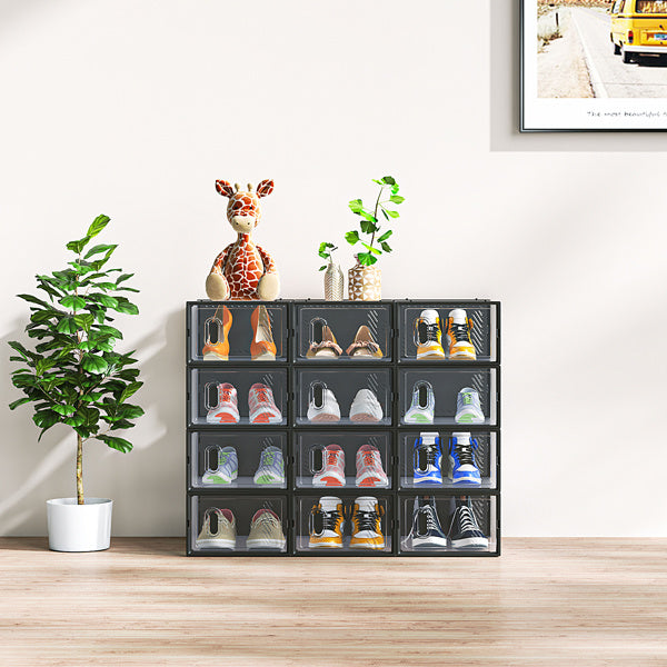 Shopi Vella small stackable shoebox organizer holding multiple pairs of shoes in a modern home setting