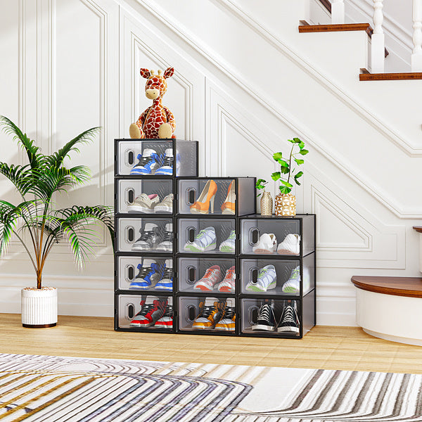 Shopi Vella small stackable shoebox organizer with transparent front panels holding various sneakers in a modern home setting