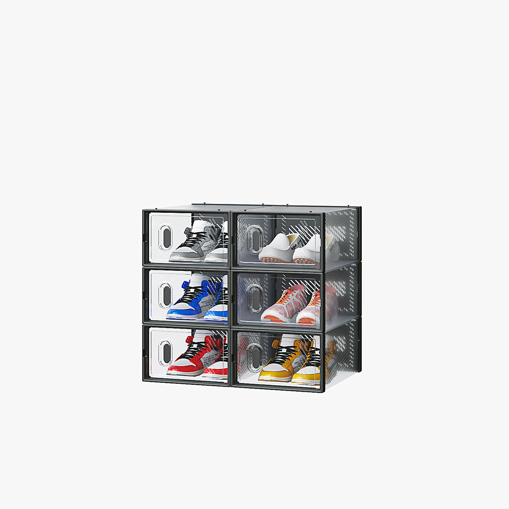 Shopi Vella small stackable shoebox set holding six pairs of colorful sneakers in clear storage boxes