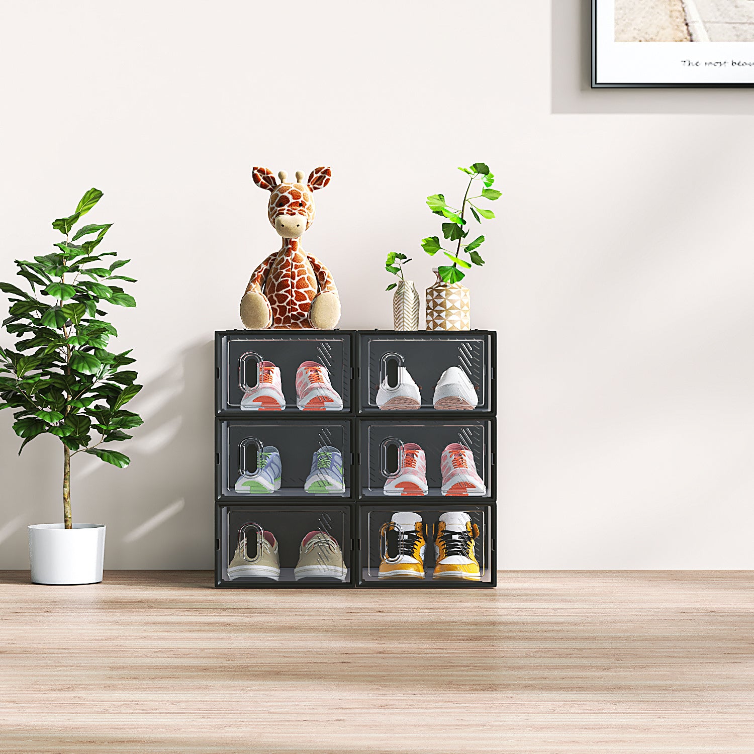Shopi Vella small stackable shoebox set with transparent front doors storing various pairs of shoes