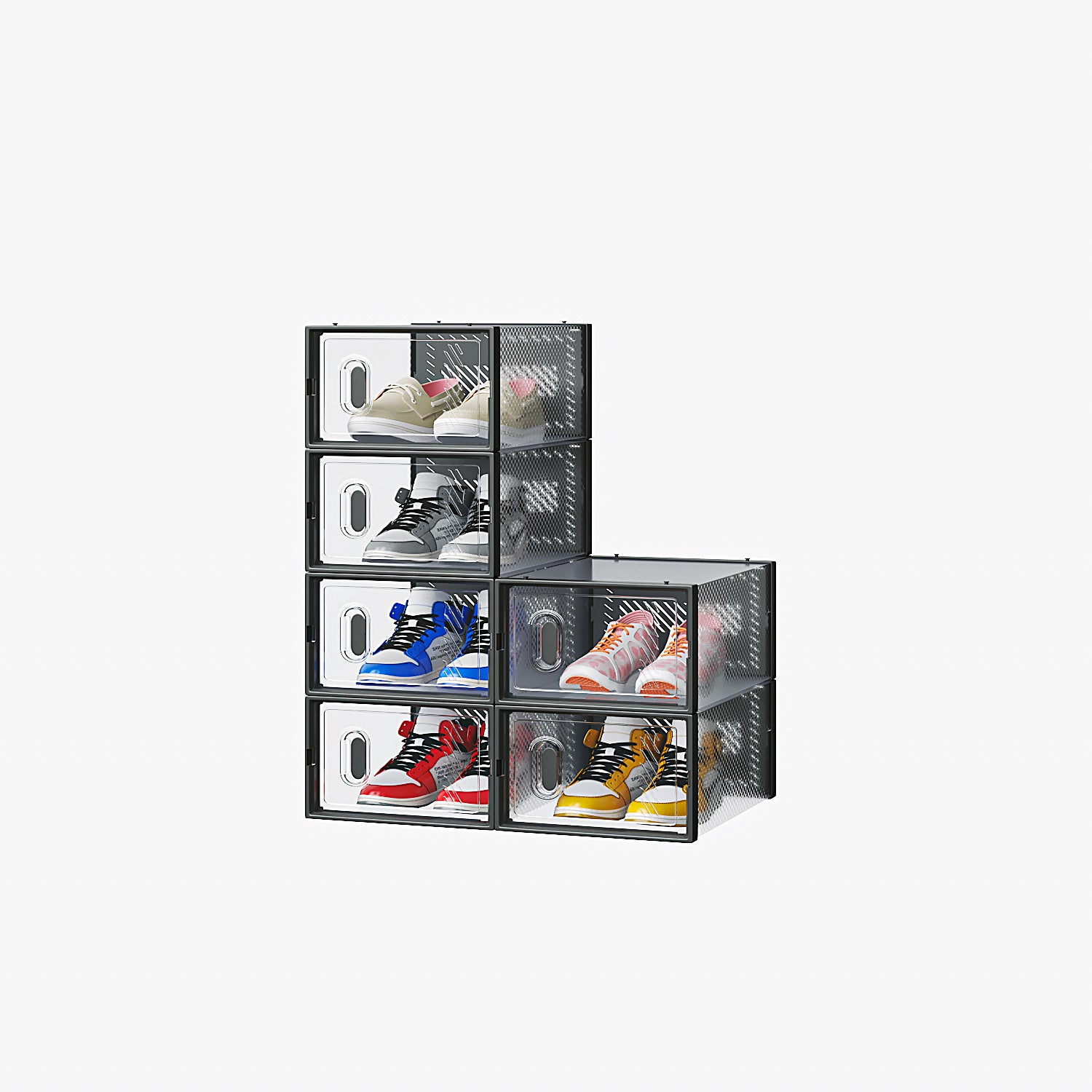 Shopi Vella small stackable shoebox set with six transparent storage boxes holding colorful sneakers