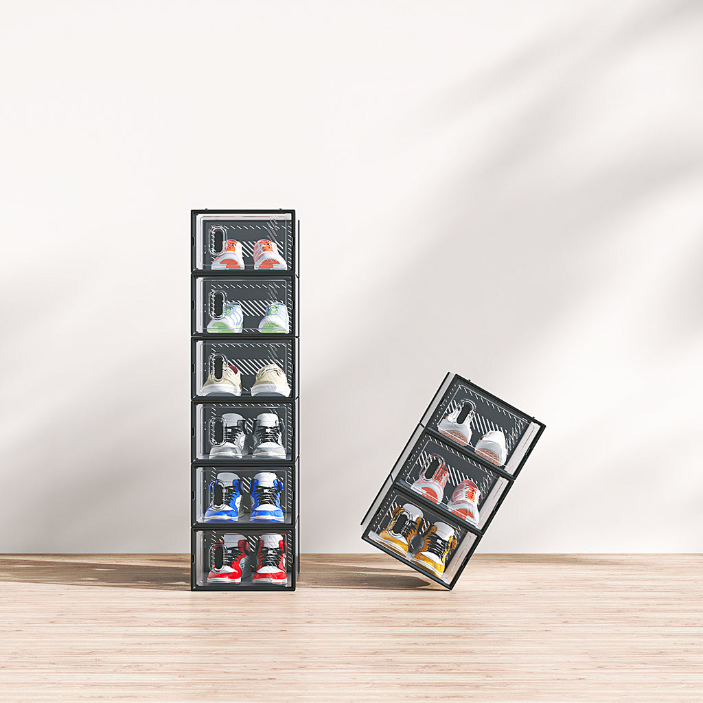 Shopi Vella small stackable shoebox set with six clear black shoe storage containers neatly stacked