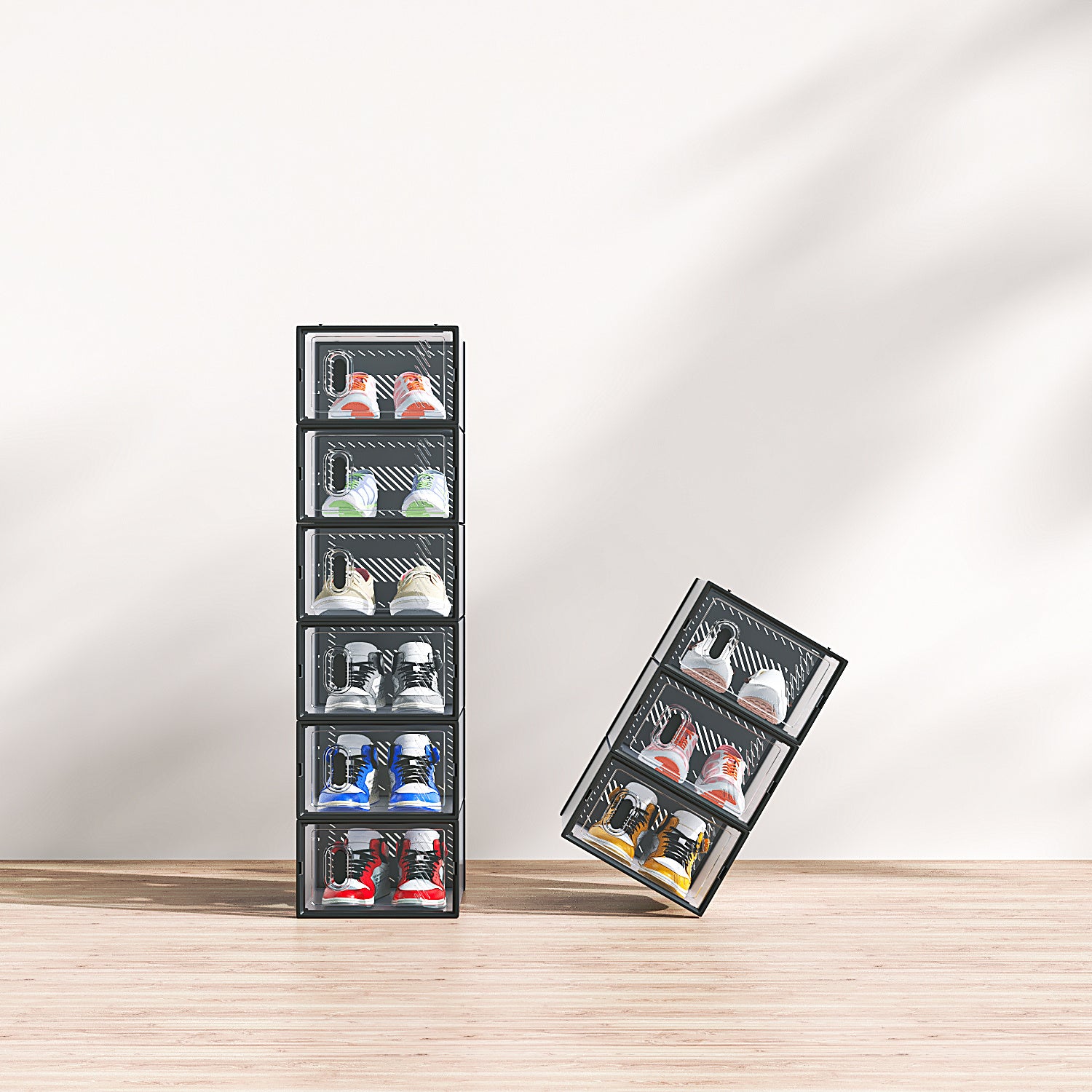 Shopi Vella small stackable shoebox set with six clear black shoe storage containers neatly stacked