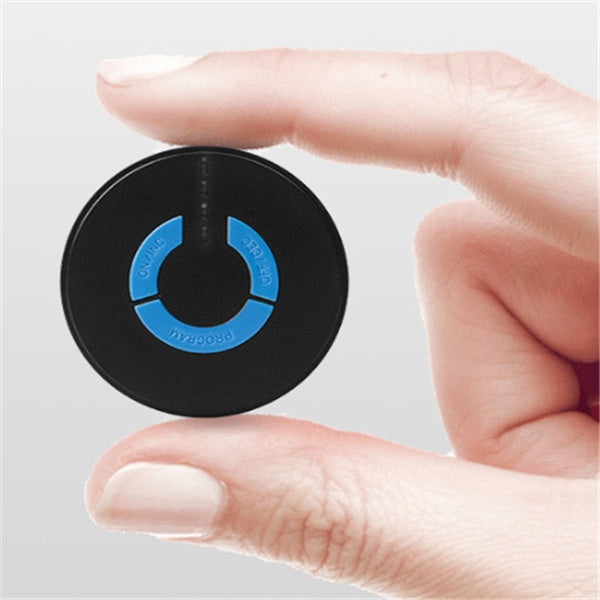 Small black smart cervical spine massager with blue control buttons held between fingers
