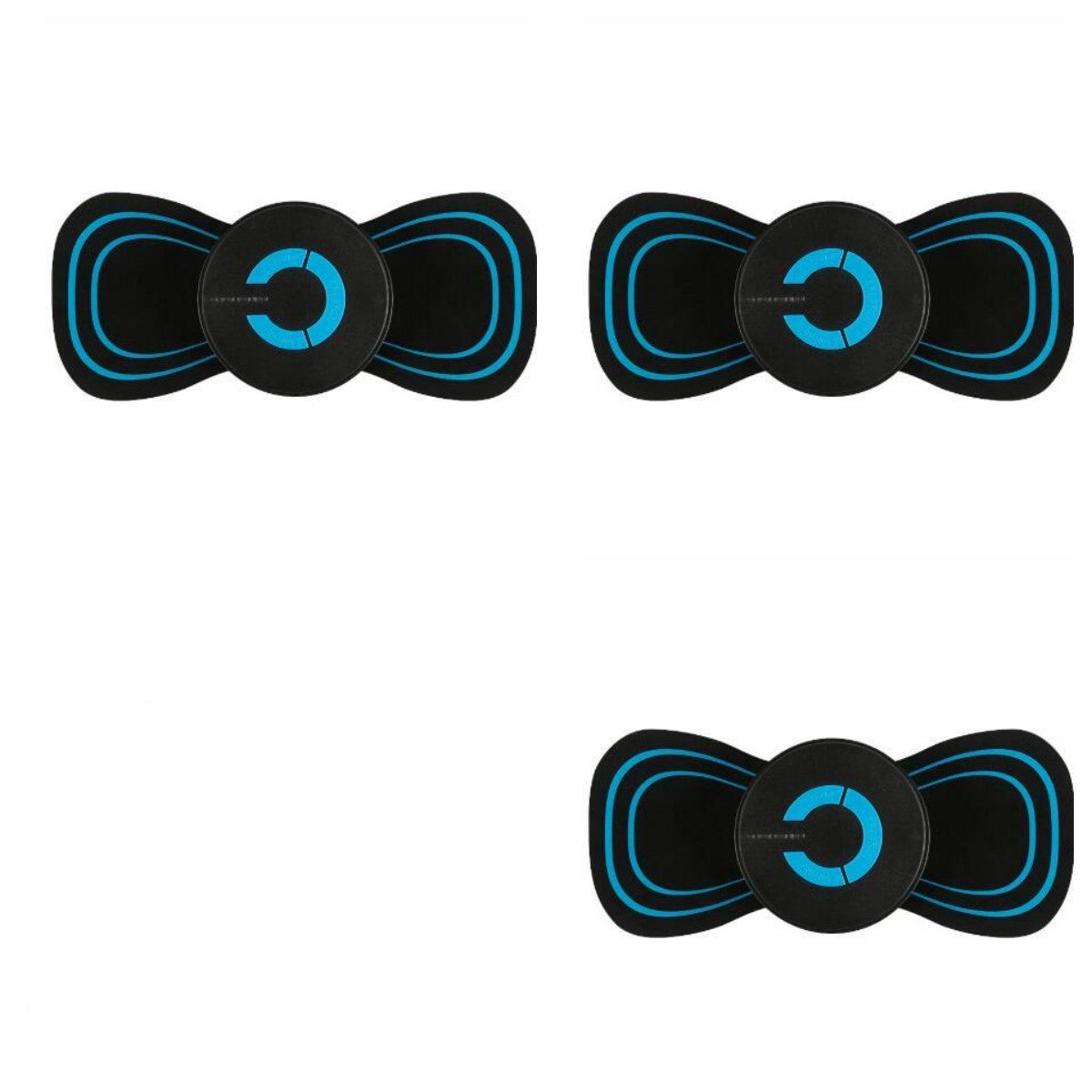 Shopi Vella smart cervical spine massager black with blue accents shown in three angles for home use