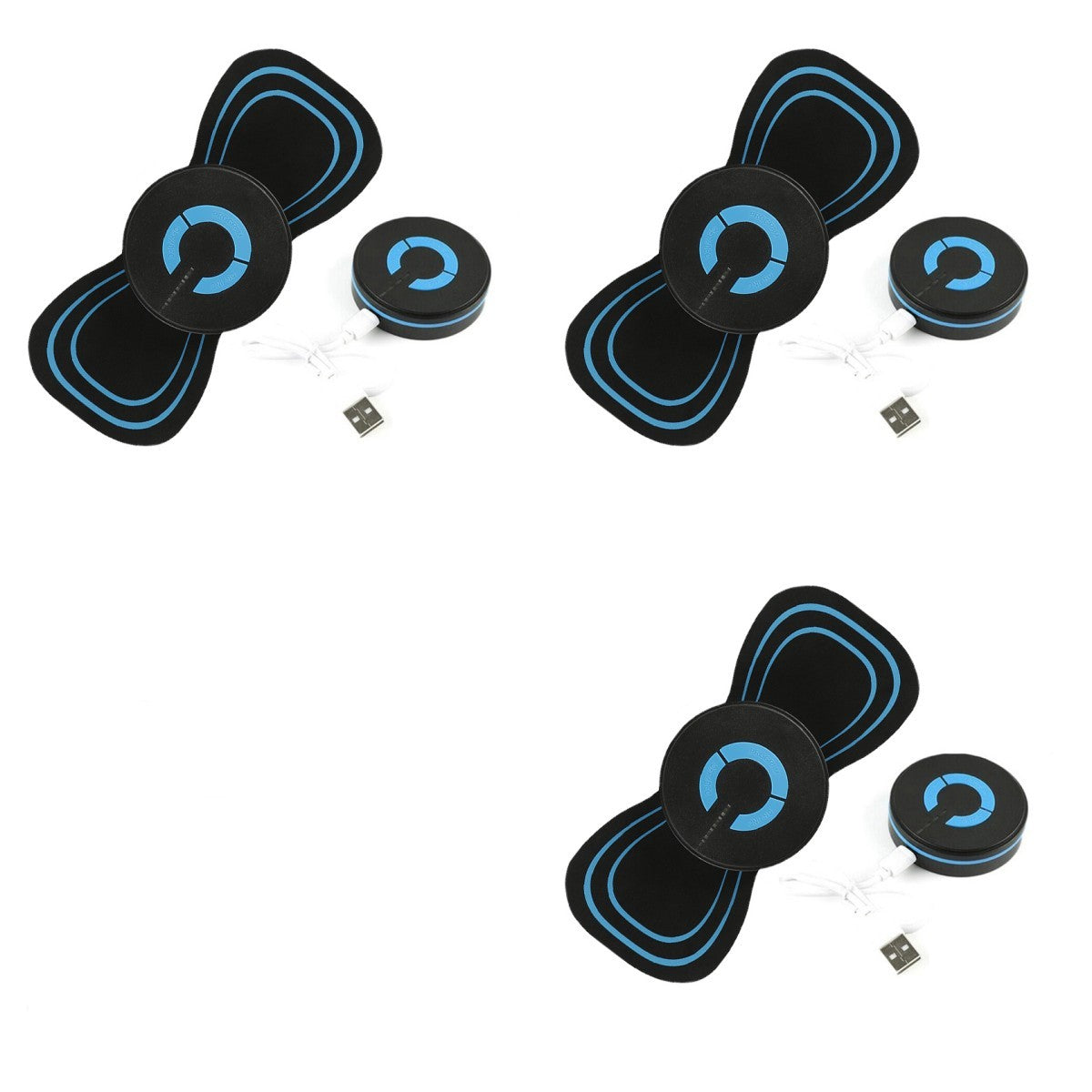 Shopi Vella smart cervical spine massager in black with blue accents and USB charging cable