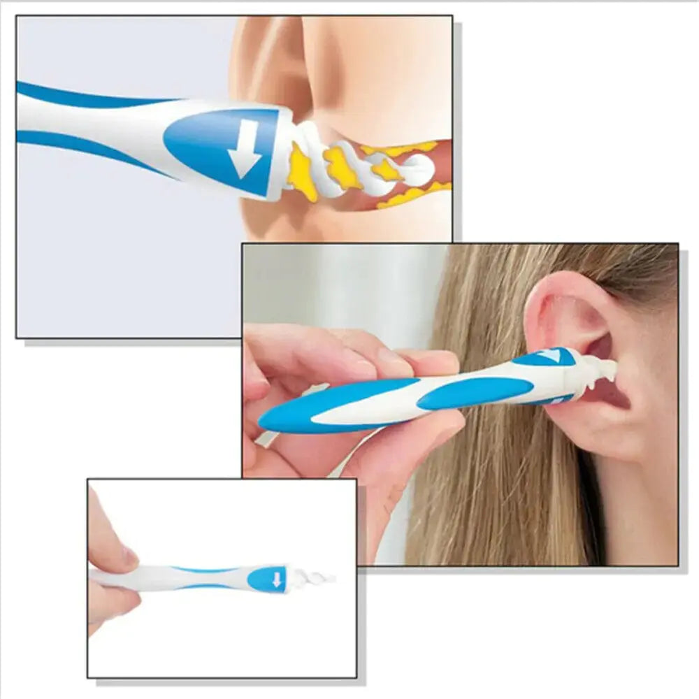 Smart silicone ear wax remover in blue and white being used to clean ear wax safely