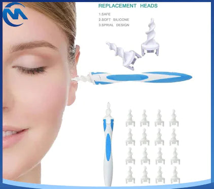 Smart silicone ear wax remover with soft spiral replacement heads being used in ear