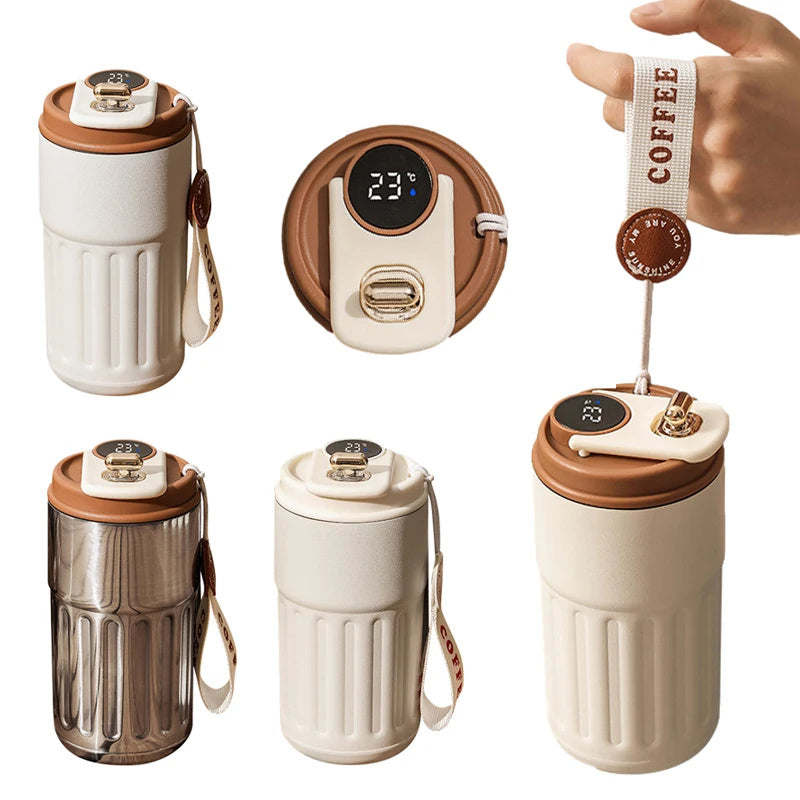 Shopi Vella smart thermal coffee mug with temperature display and brown lid strap