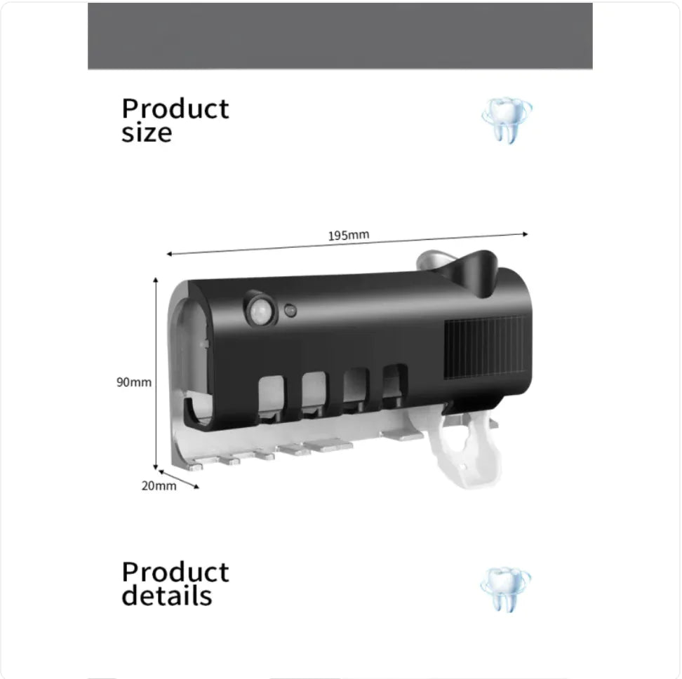 Black smart toothbrush sterilizer with dimensions 195mm by 90mm by 20mm shown with wall mount