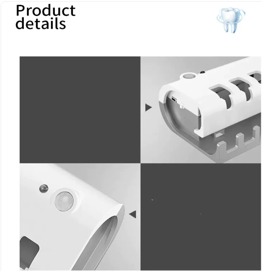Close-up views of the white smart toothbrush sterilizer showing design details and sterilizing mechanism