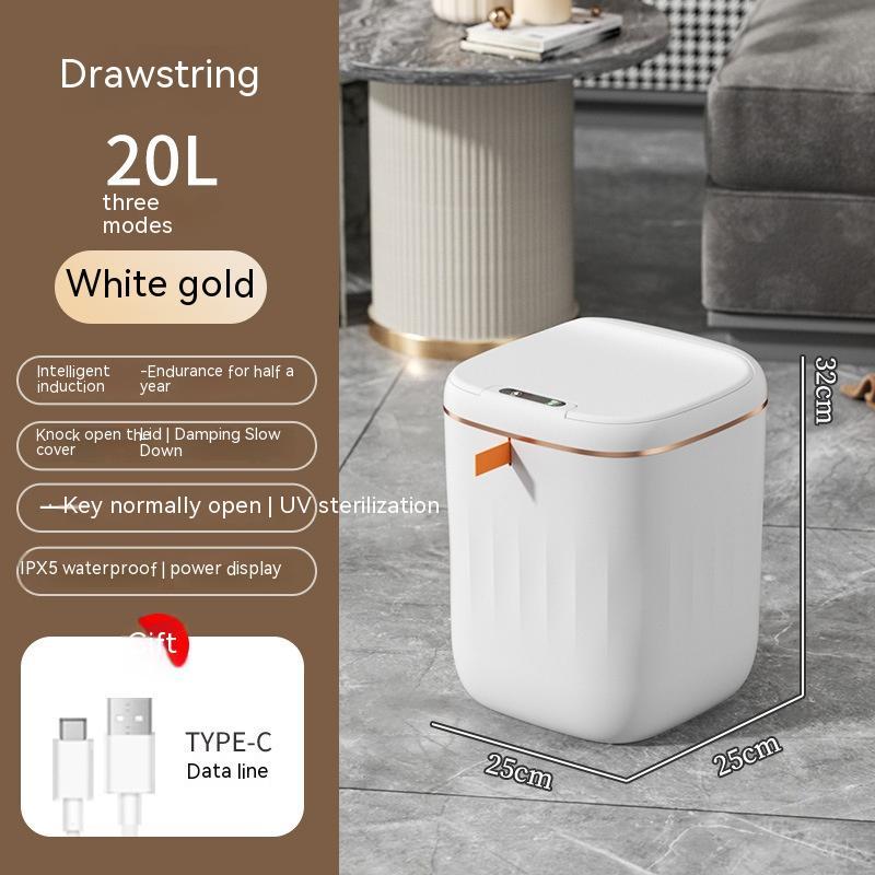 Shopi Vella 20L white gold smart trash can with lid featuring intelligent induction and UV sterilization