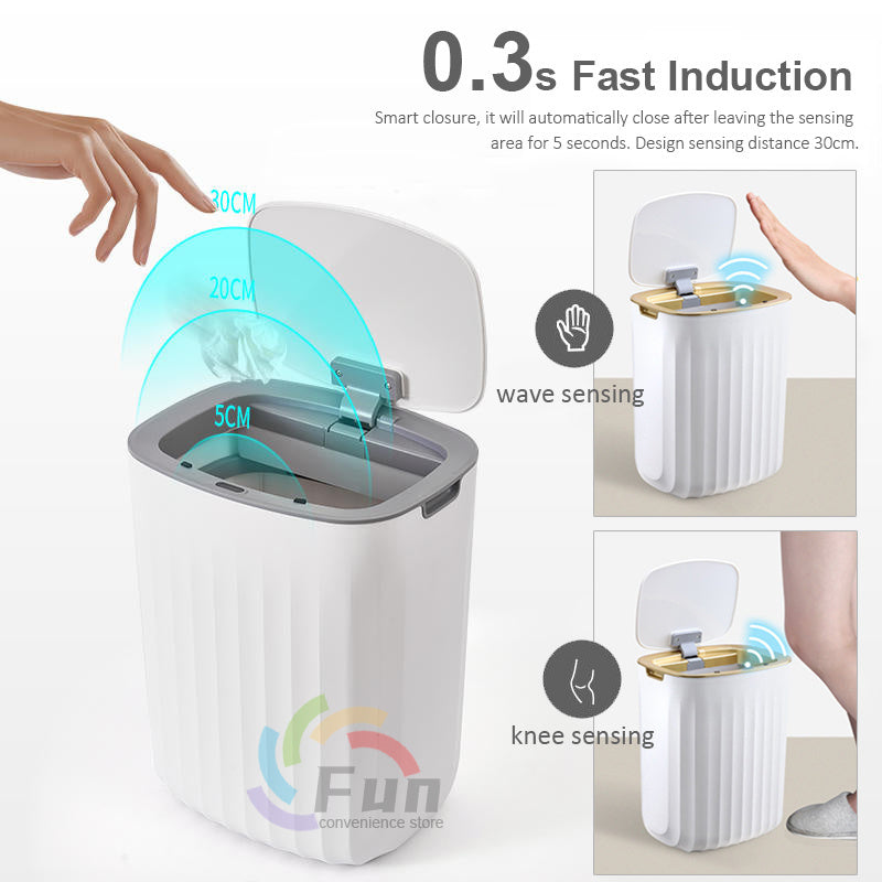 Shopi Vella smart trash can with lid featuring 0.3s fast induction and wave and knee sensing for bathroom storage