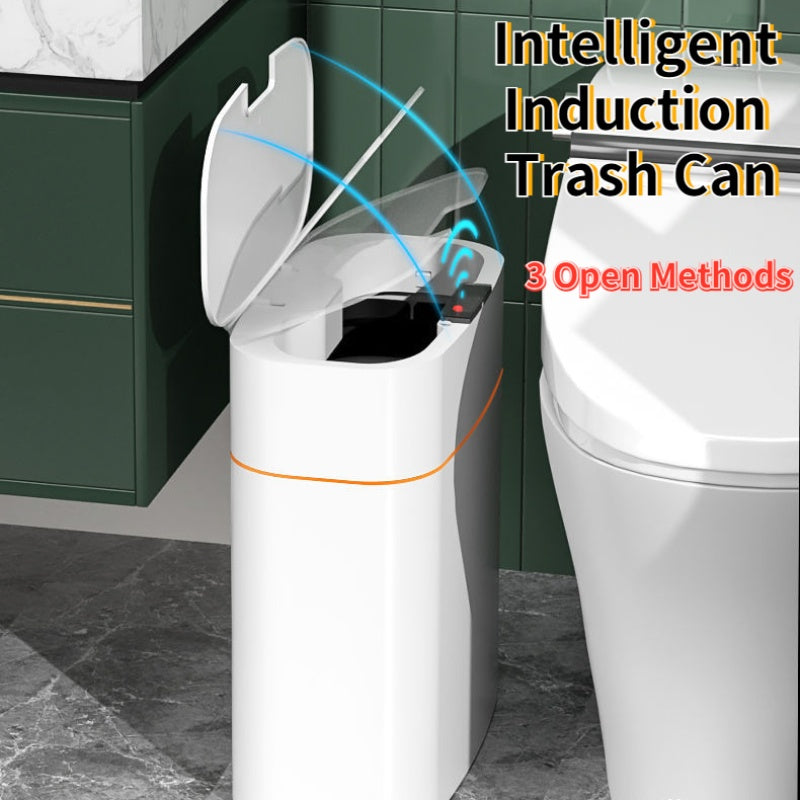 Shopi Vella smart trash can with lid in white featuring intelligent induction for bathroom storage