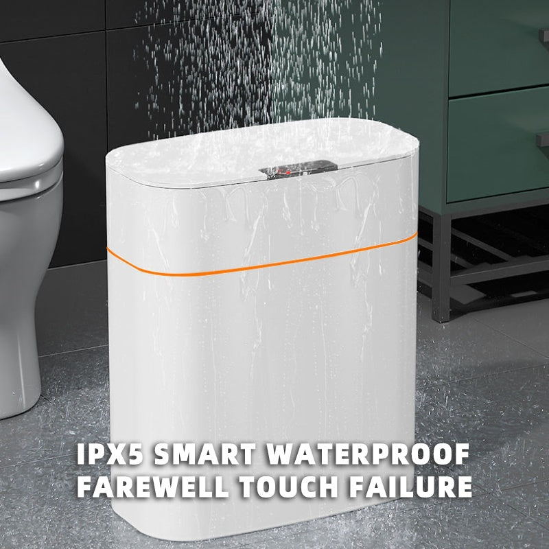 Shopi Vella white smart trash can with lid in bathroom with waterproof feature
