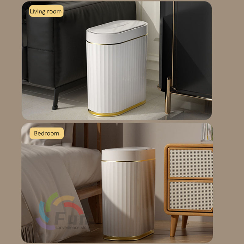 Shopi Vella smart trash can with lid in white and gold placed in living room and bedroom settings