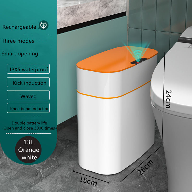 Shopi Vella smart trash can with lid in white and orange featuring rechargeable battery and three smart opening modes