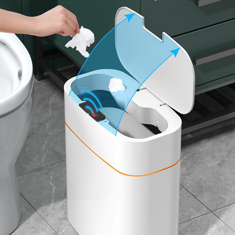 Shopi Vella smart trash can with lid in white showing automatic lid opening in bathroom