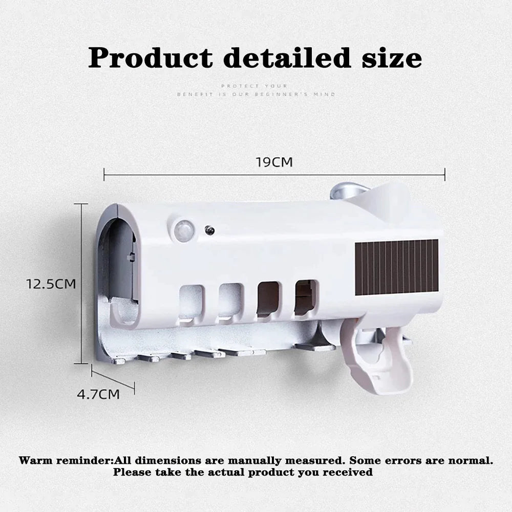 White smart UV toothbrush sterilizer with detailed size dimensions and wall mount design