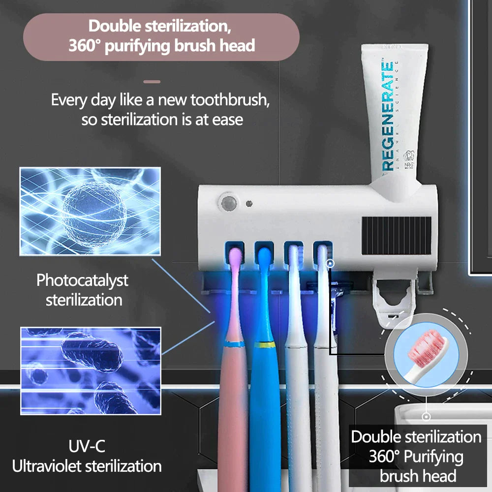 Smart UV toothbrush sterilizer with double sterilization and 360 degree purifying brush head for daily use