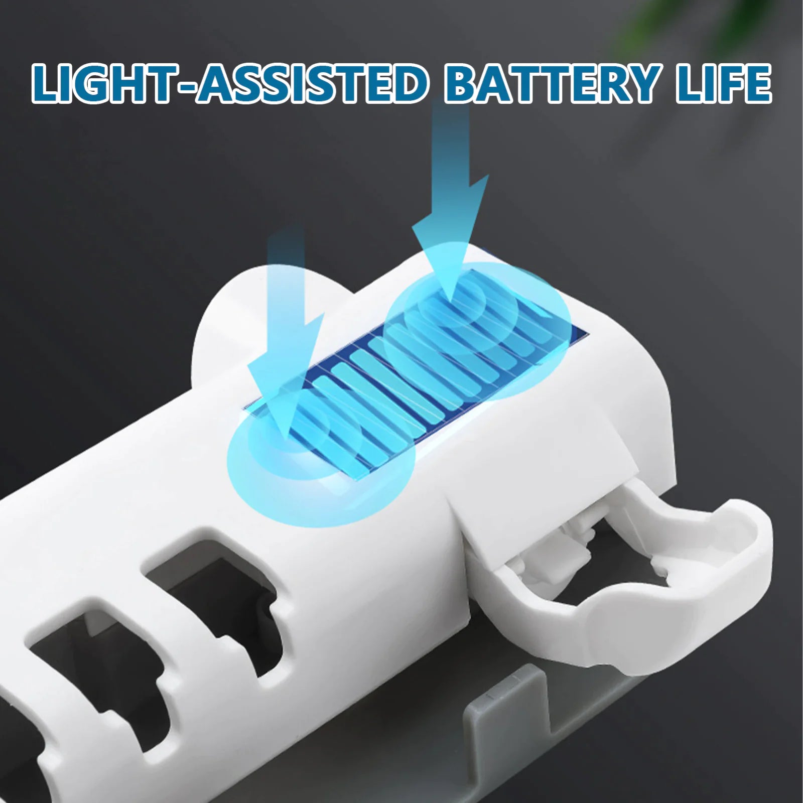 Close-up of smart UV toothbrush sterilizer showing light-assisted battery life feature in white casing