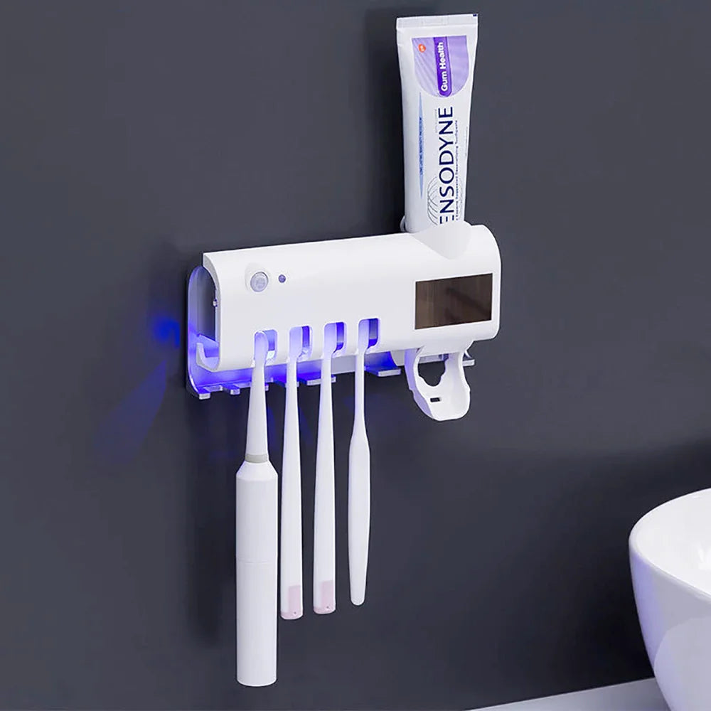 Smart UV toothbrush sterilizer wall-mounted with four toothbrush slots and toothpaste holder in white