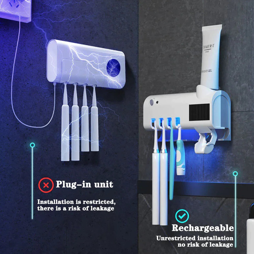 Smart UV toothbrush sterilizer with rechargeable wall-mounted design and multiple toothbrush slots