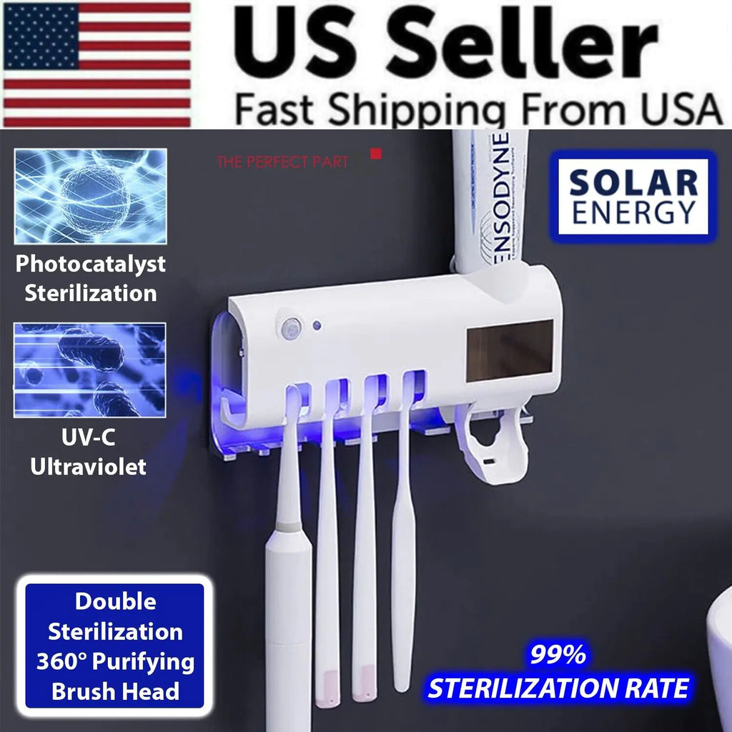 Smart UV toothbrush sterilizer with solar energy features four toothbrush slots and 99 percent sterilization rate