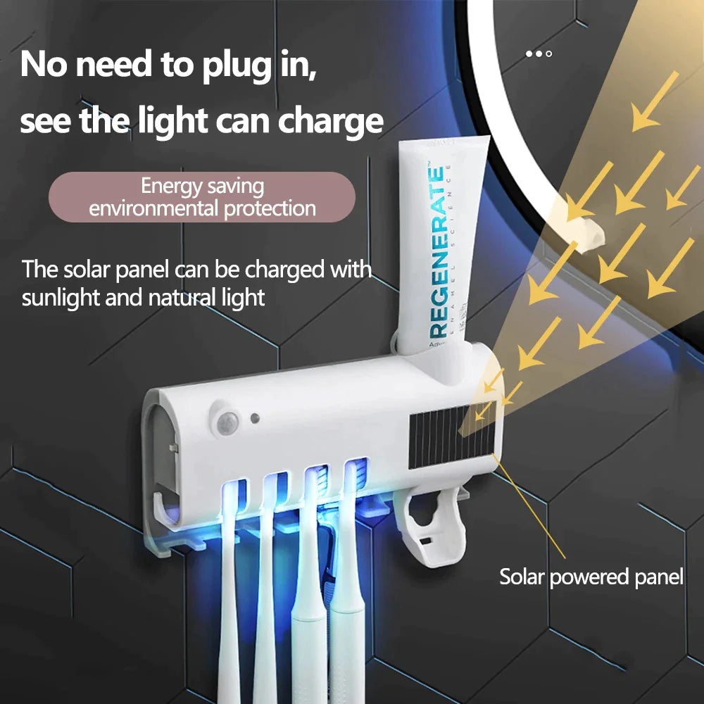 Smart UV toothbrush sterilizer with solar powered panel and blue UV light sterilizing four toothbrushes