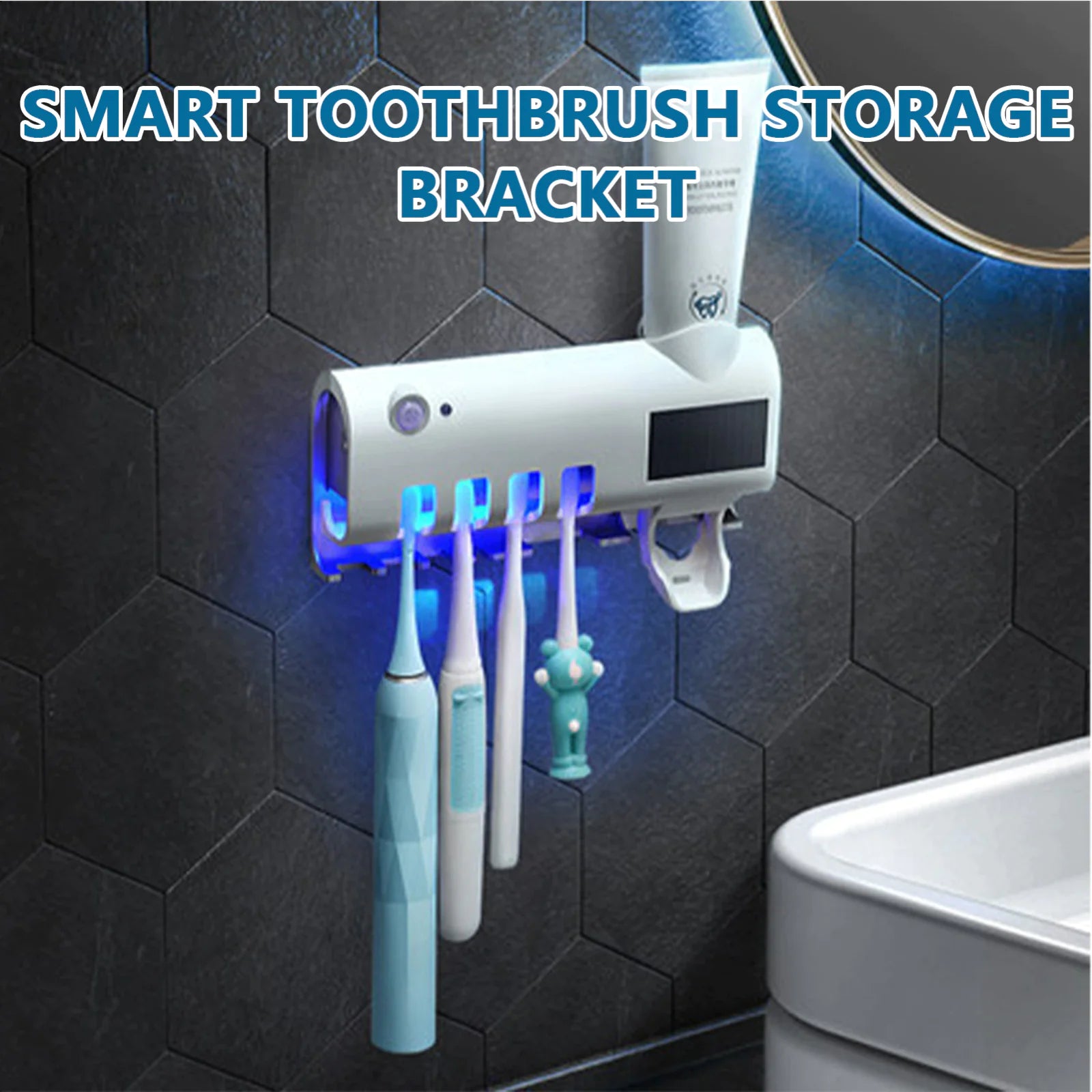 Smart UV toothbrush sterilizer wall-mounted bracket holding multiple electric toothbrushes in bathroom