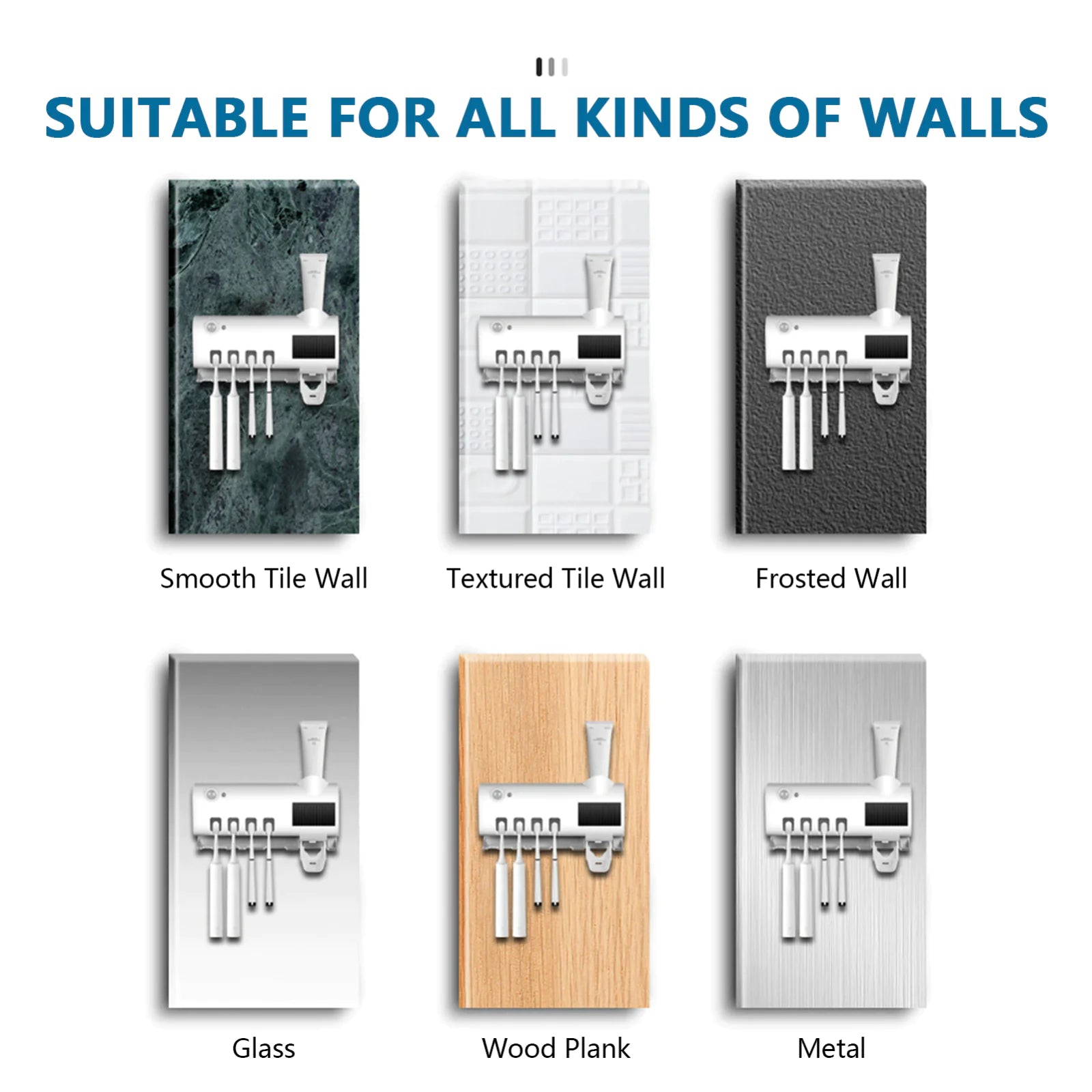 Smart UV toothbrush sterilizer mounted on various wall types including tile, frosted, glass, wood, and metal