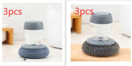 Set of three soap dispensing kitchen brush scrubbers with refillable soap containers for cleaning
