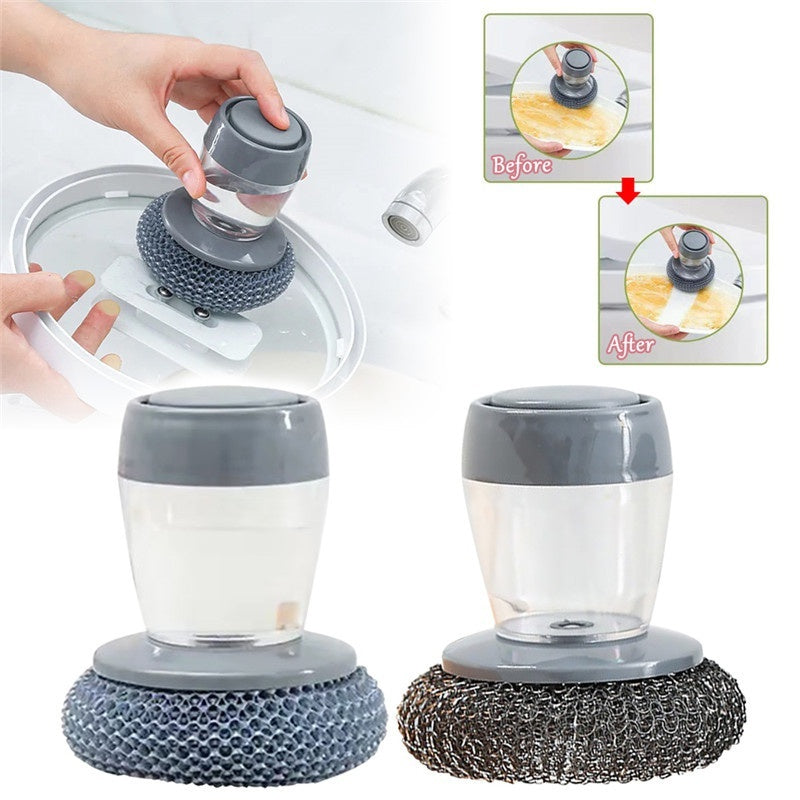 Shopi Vella soap dispensing kitchen brush with scrubber heads before and after cleaning pot lid stains