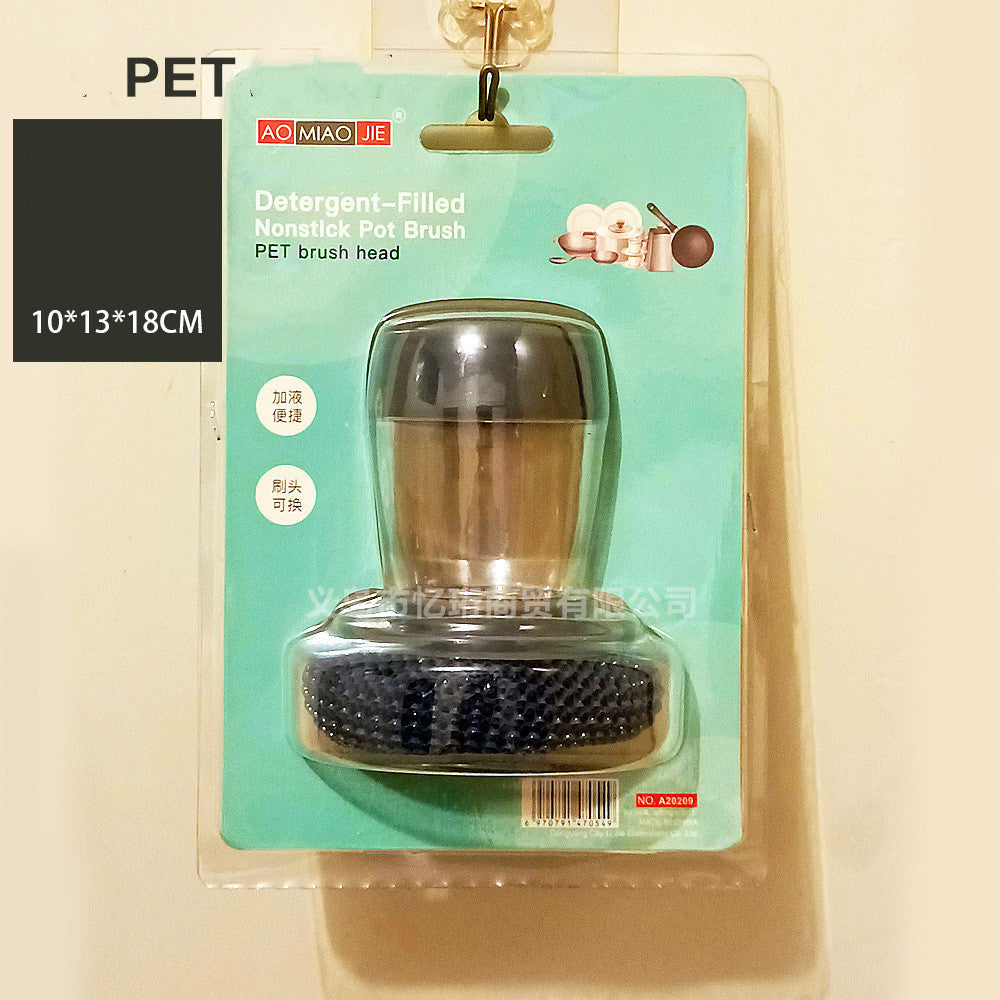 Shopi Vella soap dispensing kitchen brush with detergent-filled nonstick pot brush head for easy cleaning