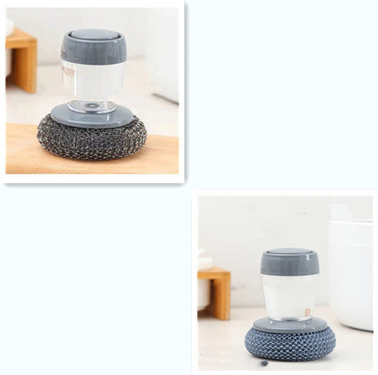 Shopi Vella soap dispensing kitchen brush with gray handle and round scrubber for easy dish cleaning