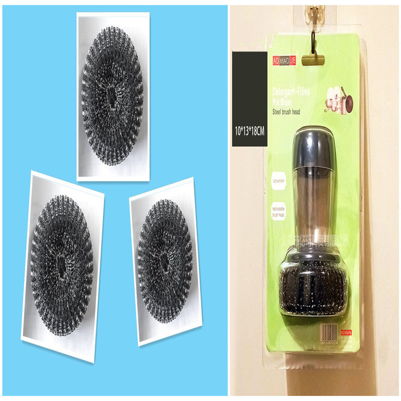 Shopi Vella soap dispensing kitchen brush with steel brush head in clear packaging