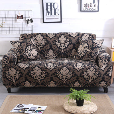 Black and beige sofa with sofa cushion cover floral print including matching cushion covers in living room