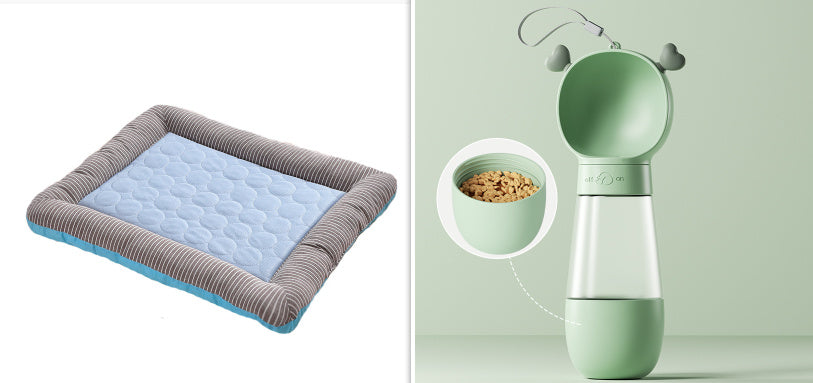 Soft dog cooling blanket for summer in blue and gray paired with a green portable pet water bottle and food dispenser