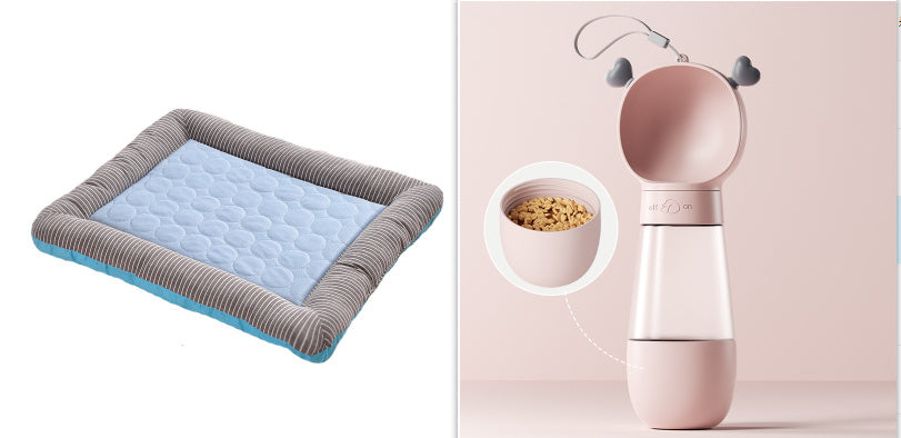 Shopi Vella soft dog cooling blanket for summer in blue and gray with a portable pet water bottle and feeder combo in pink